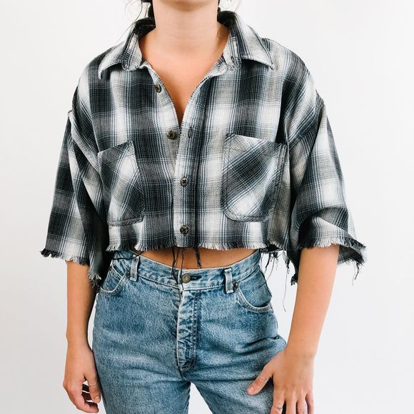 vintage Tops - Vintage Cropped Distressed Flannel XL